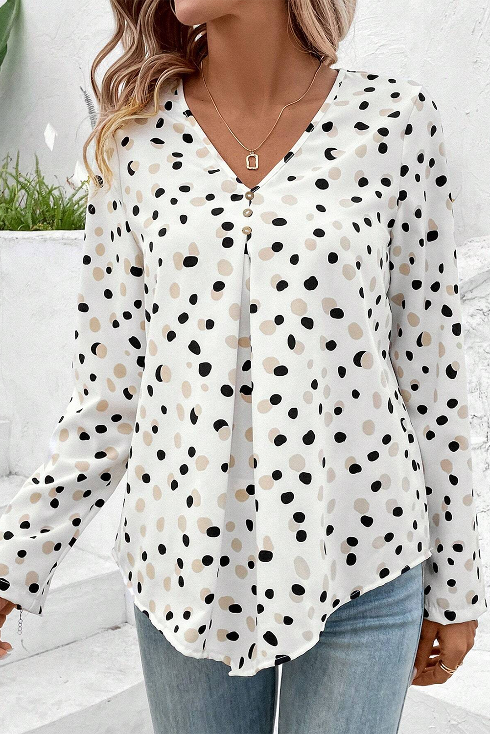 Green Dotted Print Button Front V Neck Blouse