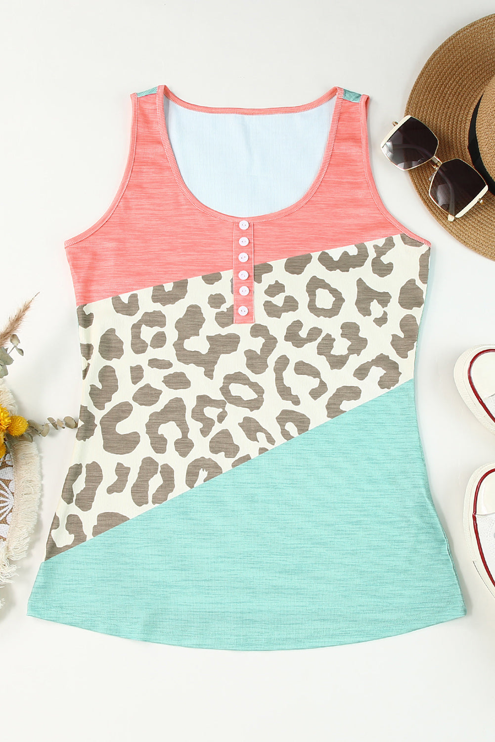 Leopard Color Block Button Casual Tank Top