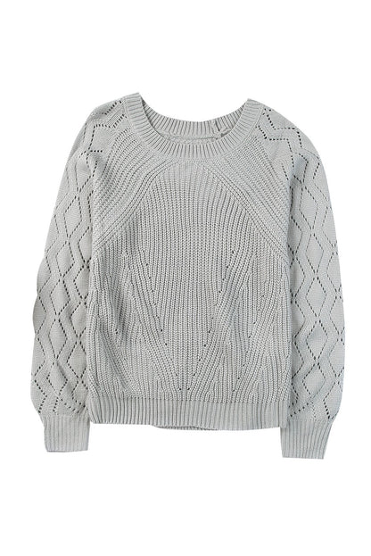 Plain Grey Knit Long Sleeve Pullover Sweater for Women