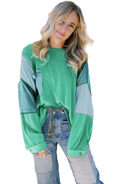 Green Colorblock Patchwork Waffle Buttoned Cuffs Top