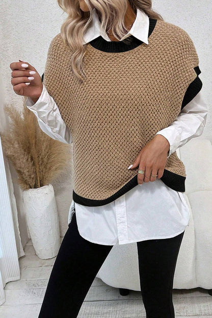 Light Beige Contrast Trim Batwing Sleeve Knitted Top