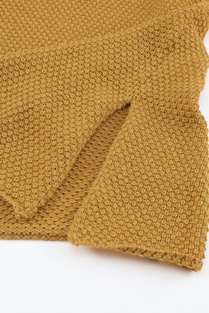 Yellow Drop Shoulder Henley Pullover Sweater With Slits