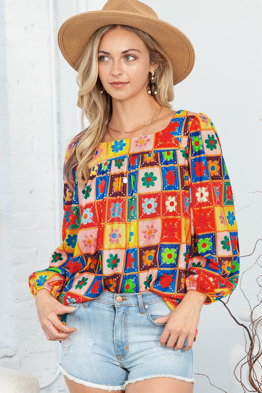 Multicolor Flower Pattern Lantern Sleeve Square Neck Top