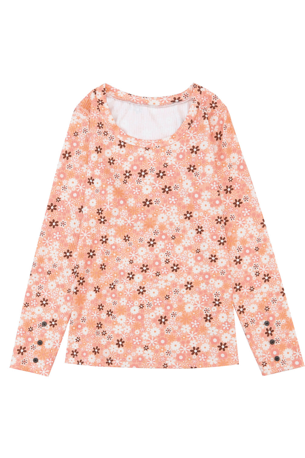 Orange Boho Floral Round Neck Knit Long Sleeve Top