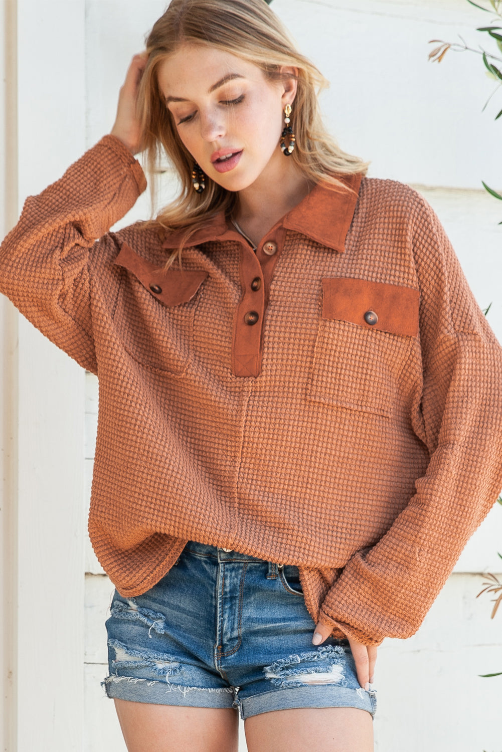 Brown Waffle Knit Button Contrast Trim Long Sleeve Top