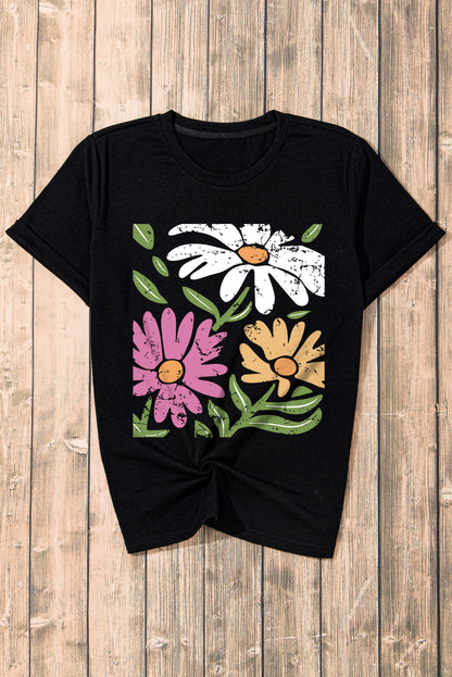 Black Casual Retro Floral Graphic Crew Neck T Shirt