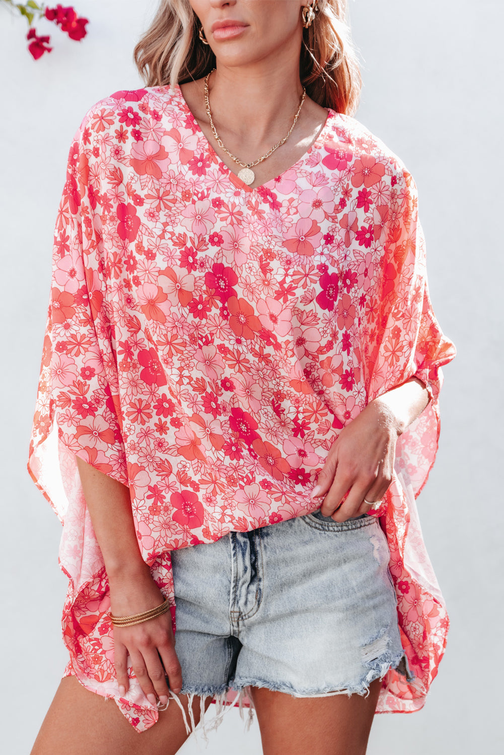 Pink Boho Floral V Neck Kimono Style Blouse