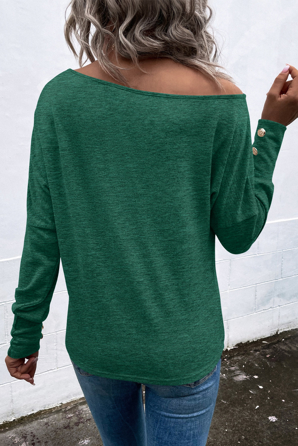 Green Boat Neck Asymmetric Cutout Long Sleeve Top