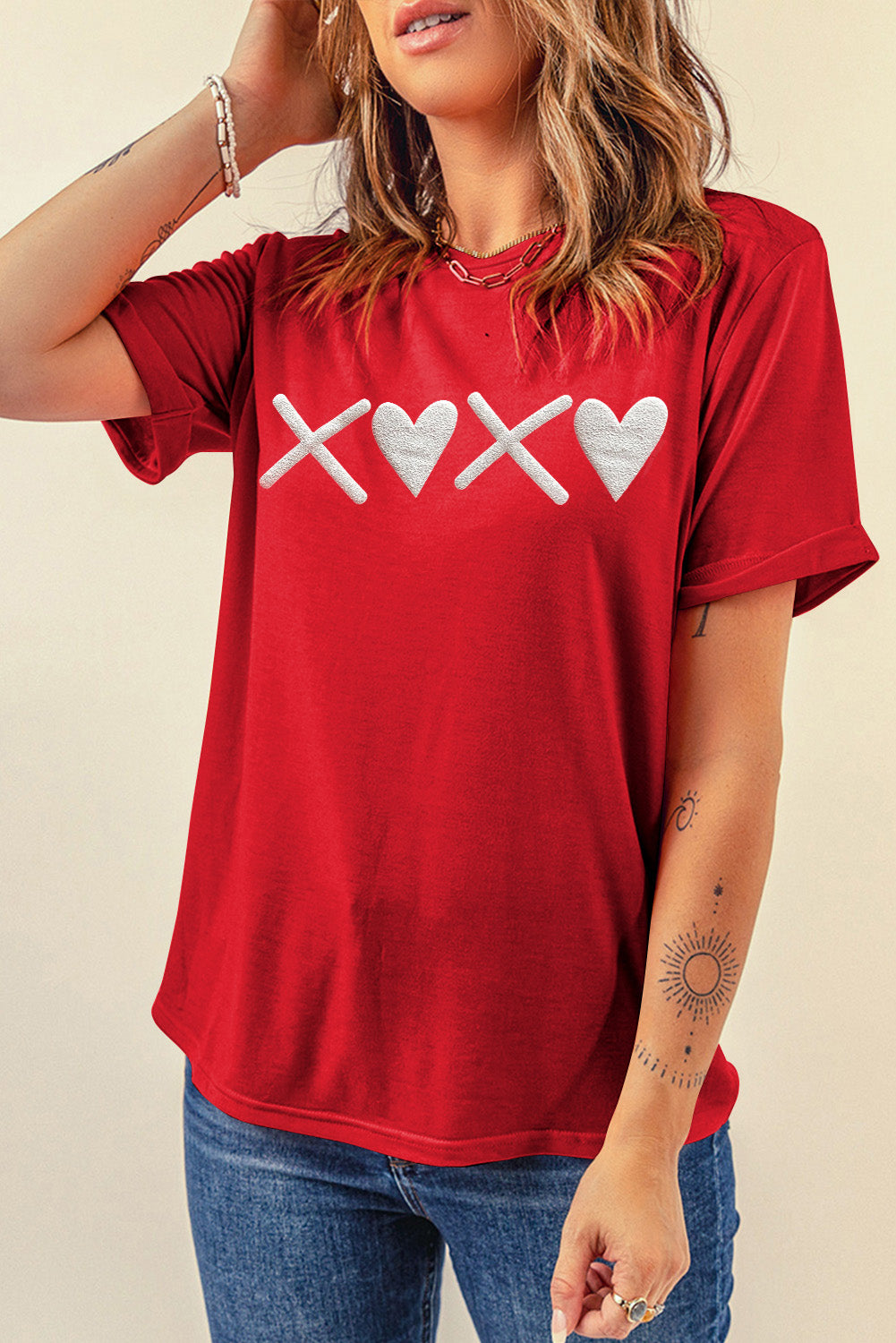 Red Casual XOXO Heart Shaped Graphic O Neck T Shirt