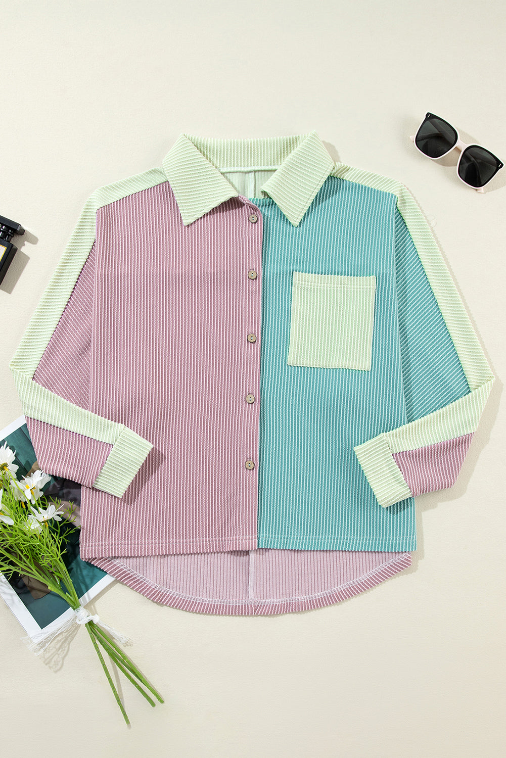 Phalaenopsis Color Block Crinkle Rib Buttoned Oversized Shirt