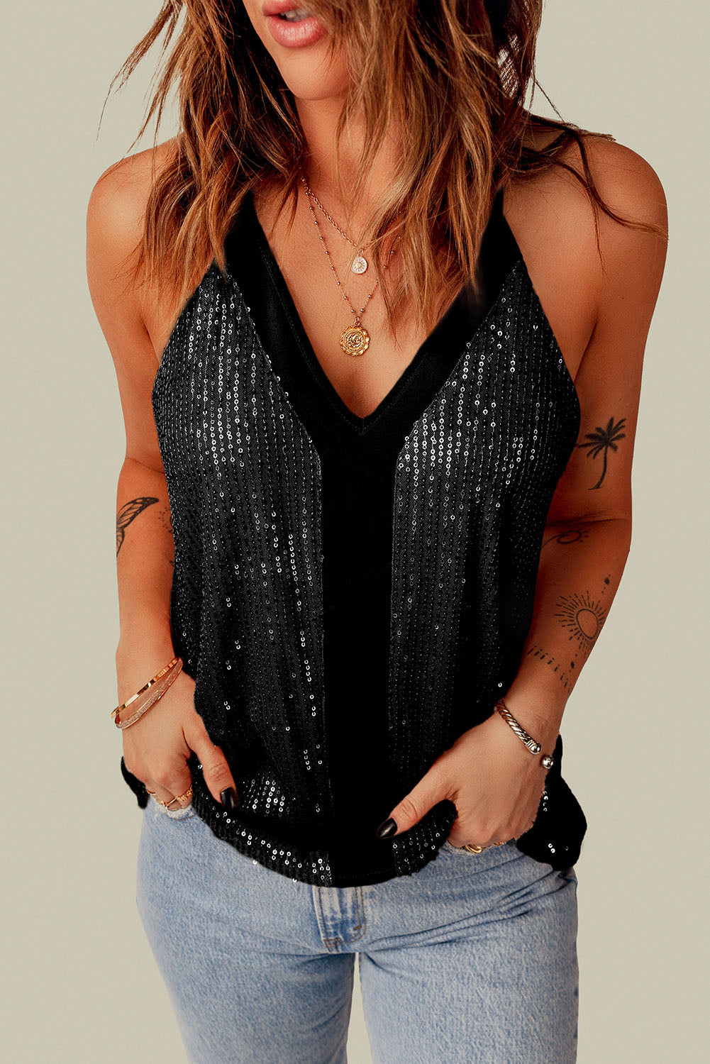 Black Sexy Contrast Spaghet Strap Sequin Camisole