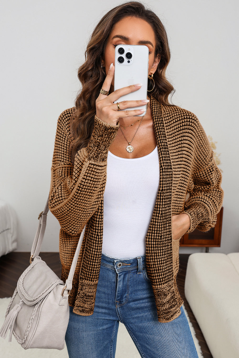 Apricot Chunky Knit Pockets Drop Sleeve Cardigan