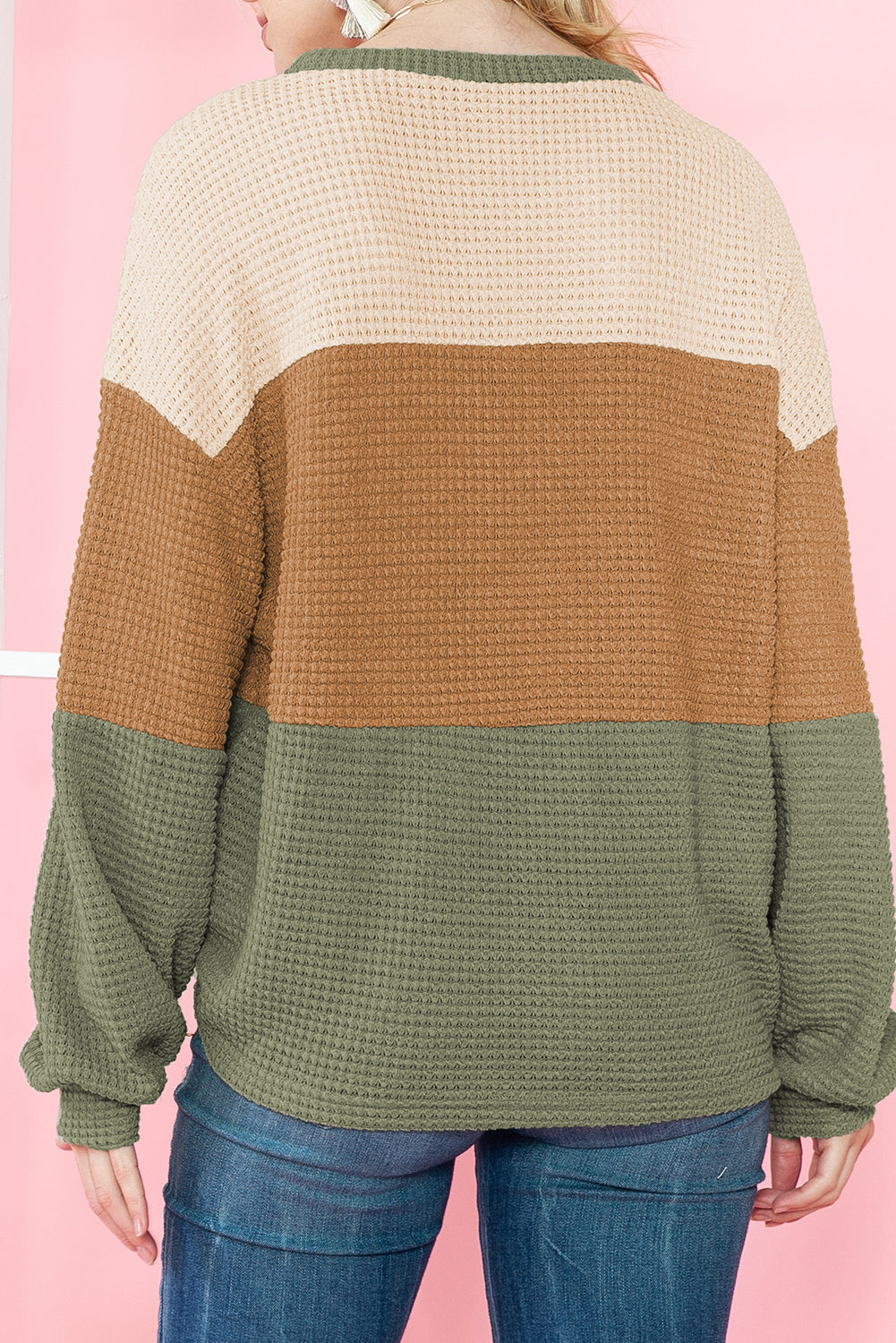 Green Knitted Color Block Drop Sleeve Baggy Top