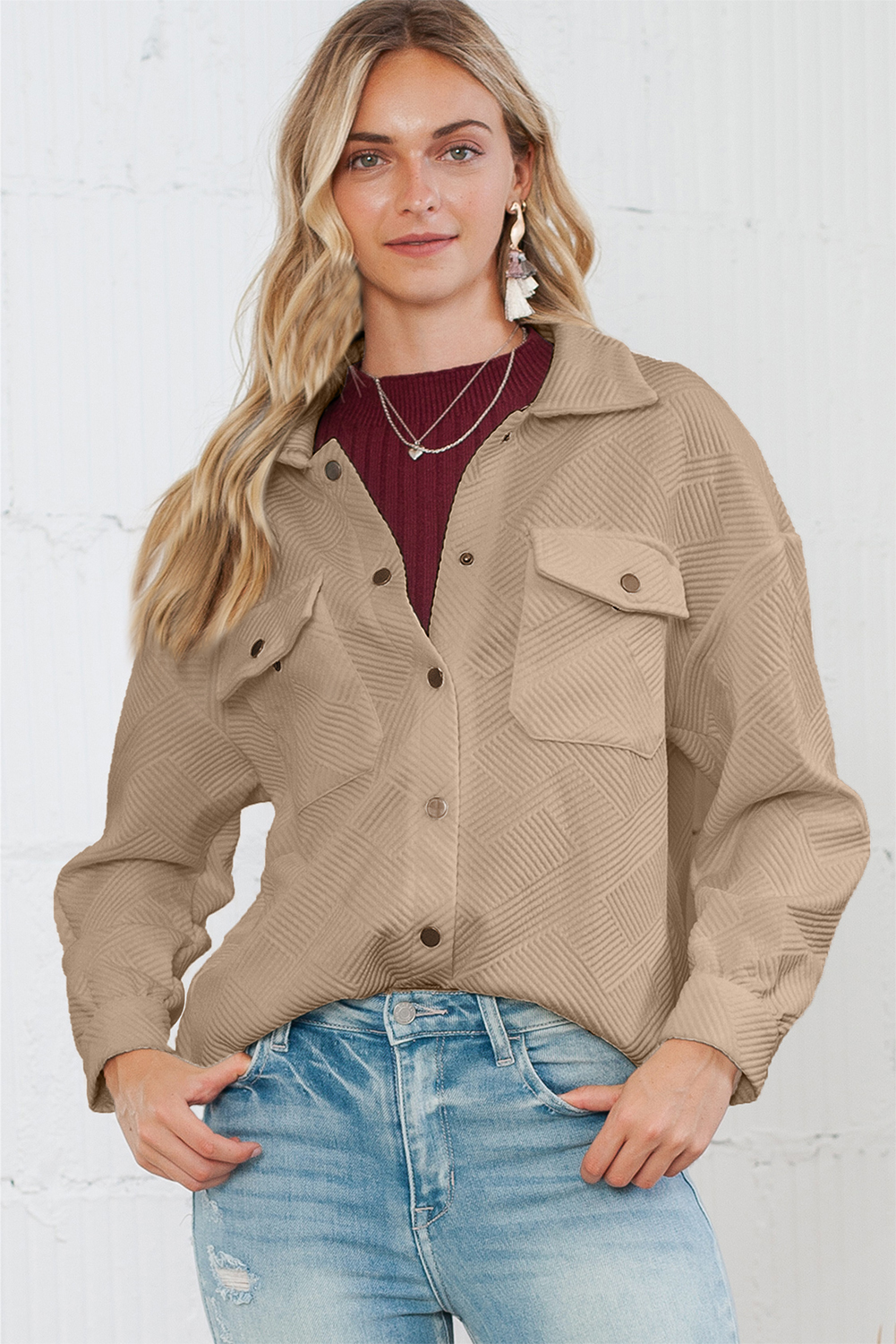 Khaki Solid Textured Flap Pocket Buttoned Shacket