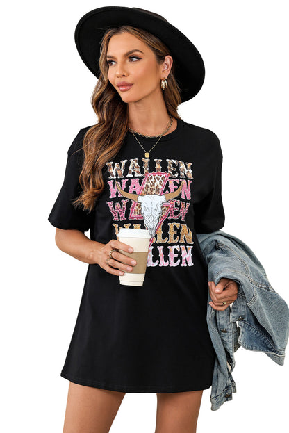 Black WALLEN Letter Print Animal Graphic Oversized Tee