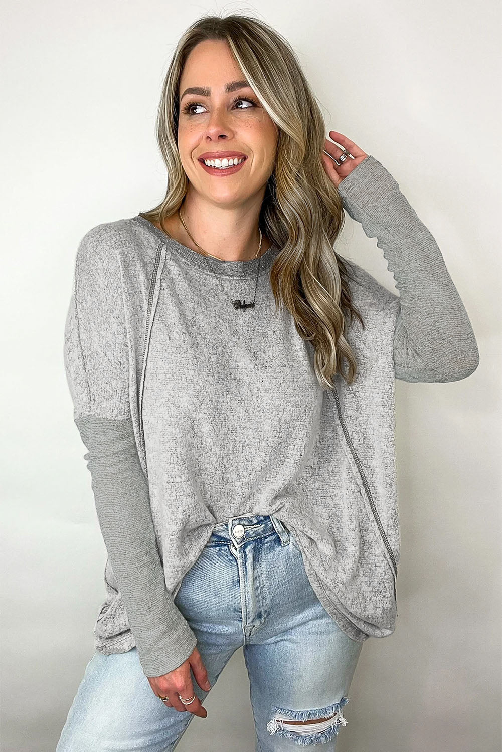 Grey Patchwork Pullover Long Sleeve Top for Women