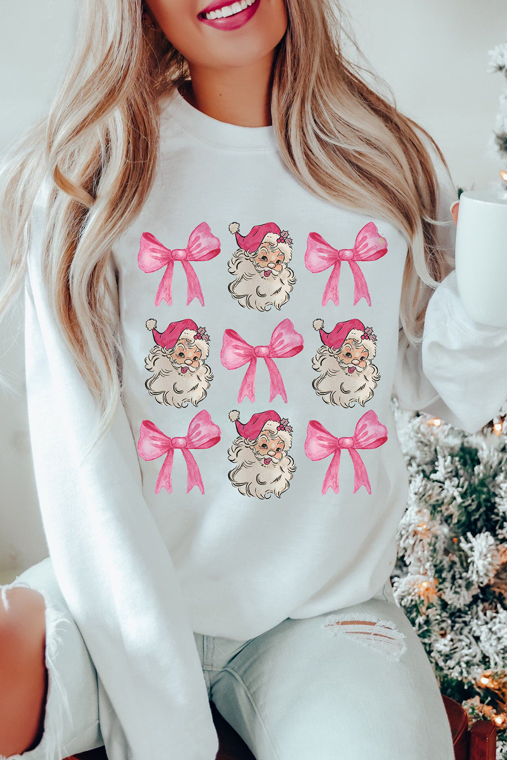 Beige Christmas Claus Bowknot Graphic Crewneck Sweatshirt