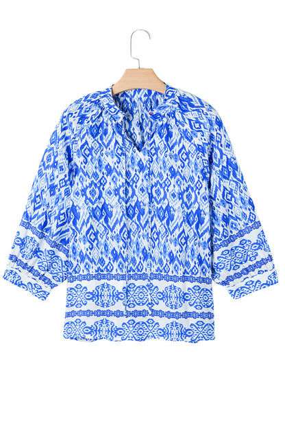 Blue Boho Abstract Print 3/4 Sleeve Tie Neck Blouse