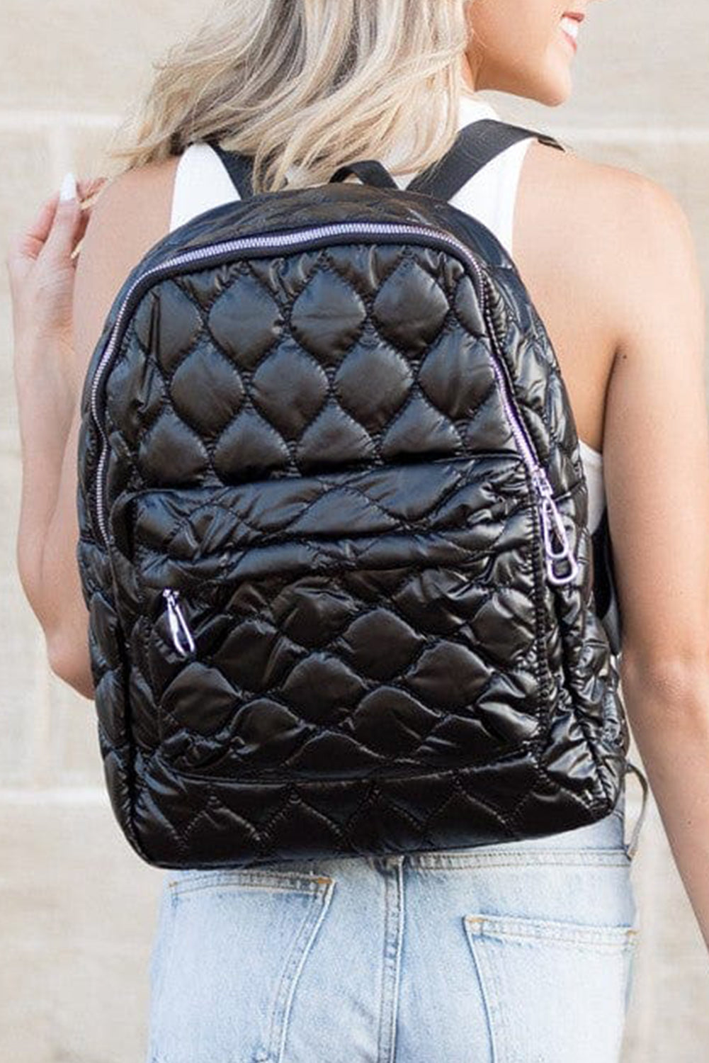 Black Solid Color Quilted Zipped Backpack