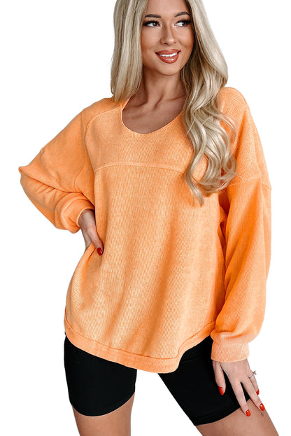 Grapefruit Orange Solid Color Textured High Low Long Sleeve Top