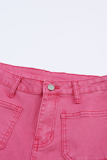 Pink Raw Hem Light Wash Flare Mid Rise Pants