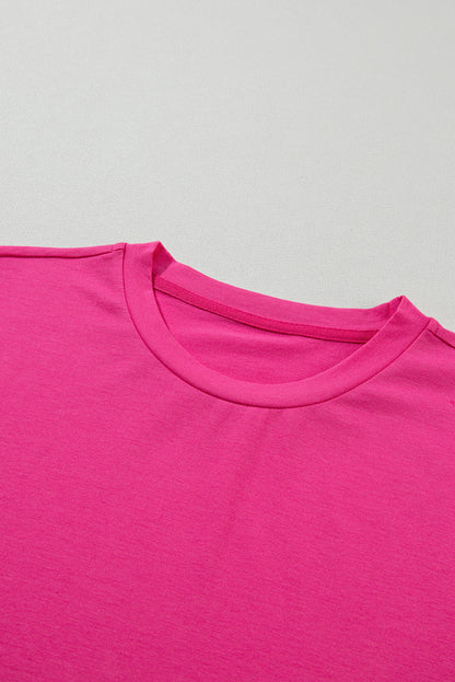 Rose Red Solid Color Crew Neck Roll Up Sleeve Tee