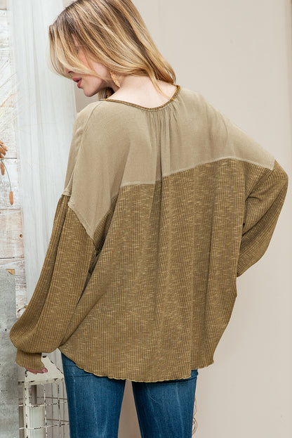 Khaki Ribbed Patchwork Bishop Sleeve Henley Top