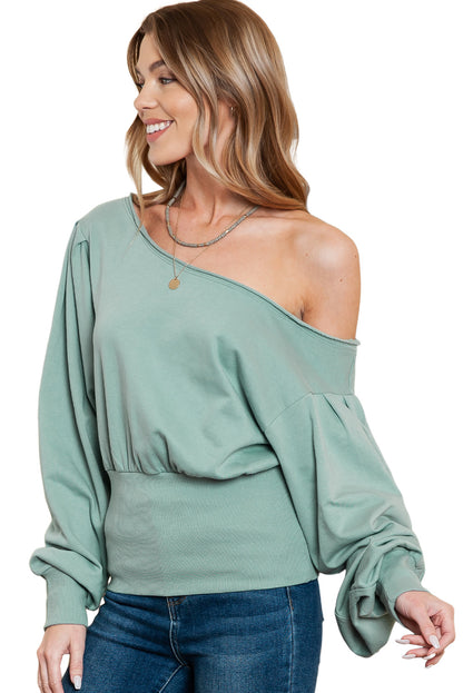 Green Solid Color Boat Neck Puff Sleeve Top