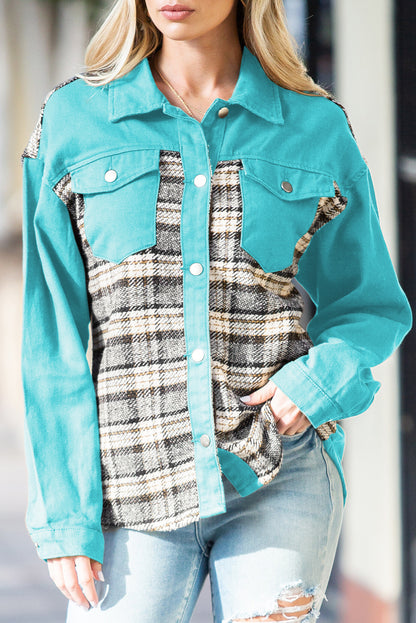 Brown Plaid Patchwork Pockets Denim Jacket