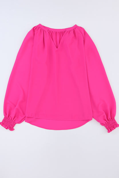 Rose Pleated V Neck Puffy Sleeve Blouse