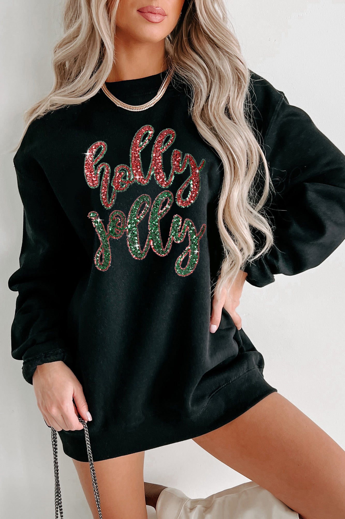 White Christmas Sequined Holly Jolly Graphic Sweatshirt