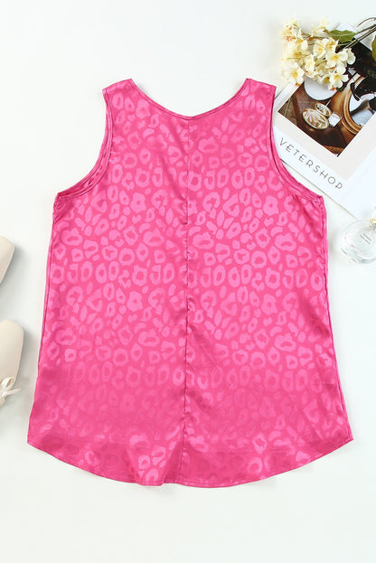 Pink Leopard Print Casual Sleeveless Satin Top