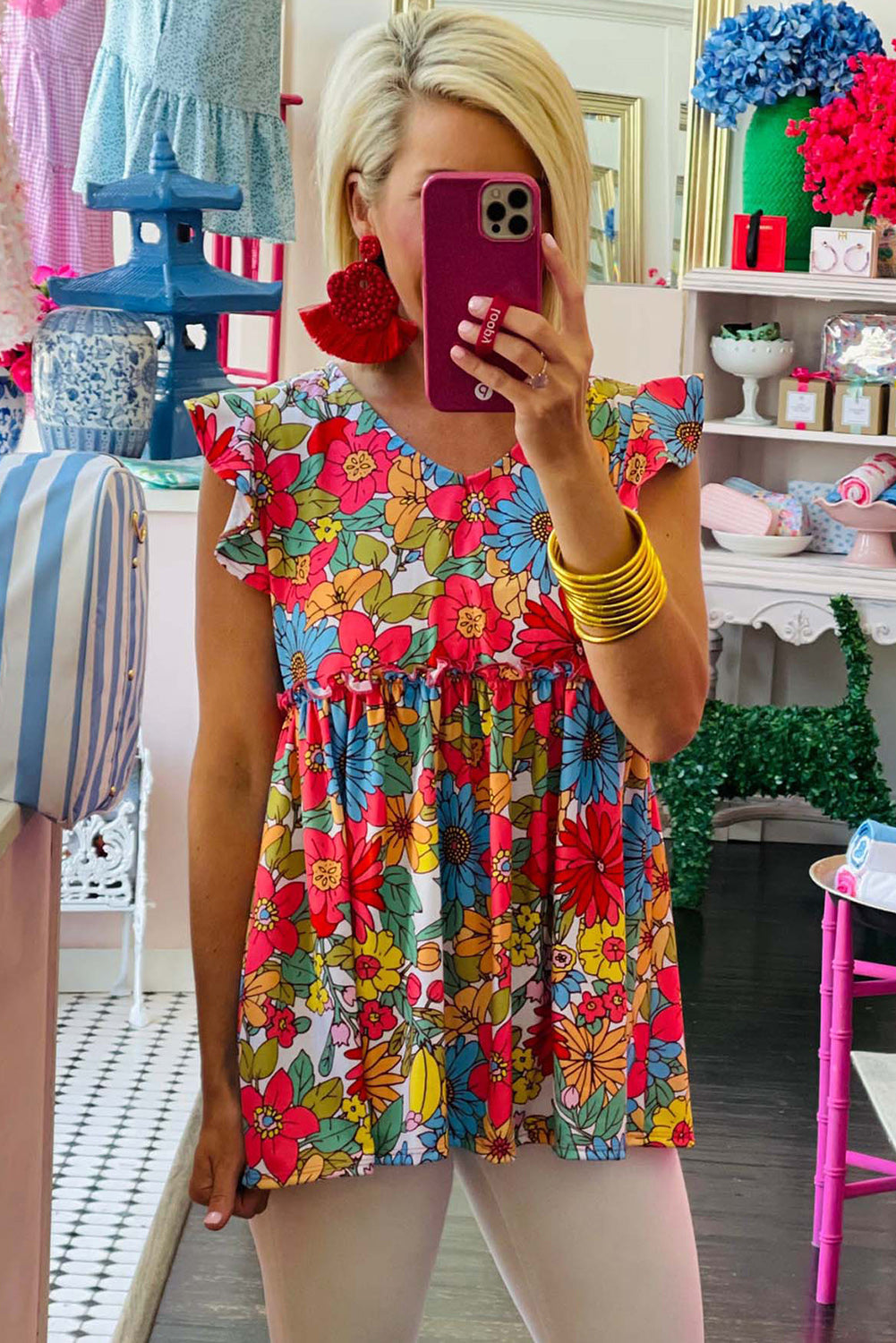 Red V Neck Ruffled Floral Babydoll Top