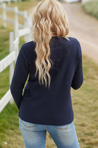 Navy Blue Casual Embroidered Round Neck Waffle Henley Top