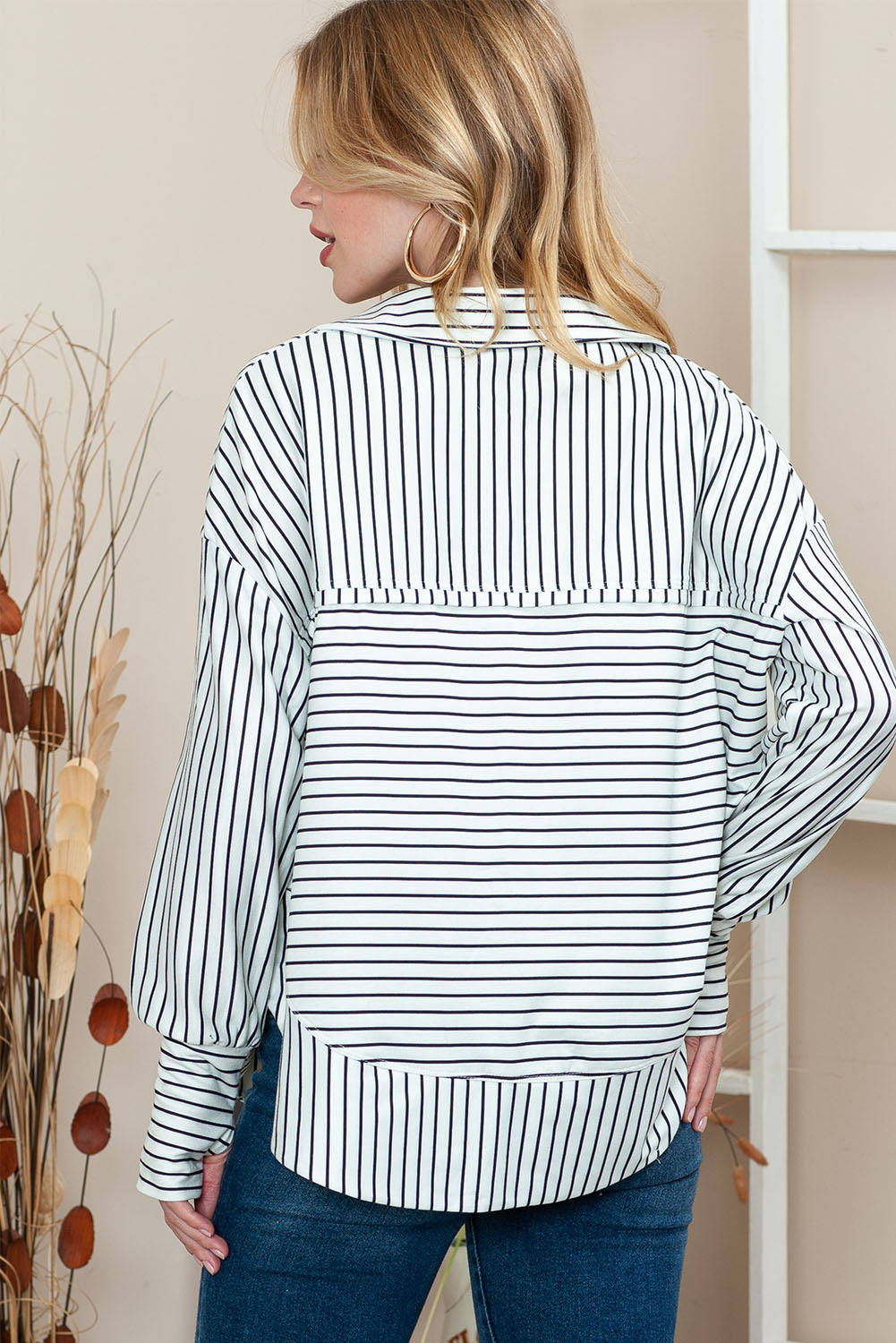 White and Black Striped Grommet Collared Thumbhole Long Sleeve Top