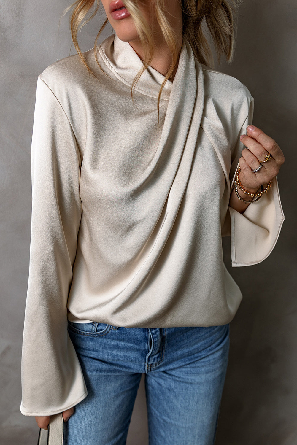 Jet Stream Draped Asymmetric Neck Keyhole Back Satin Blouse