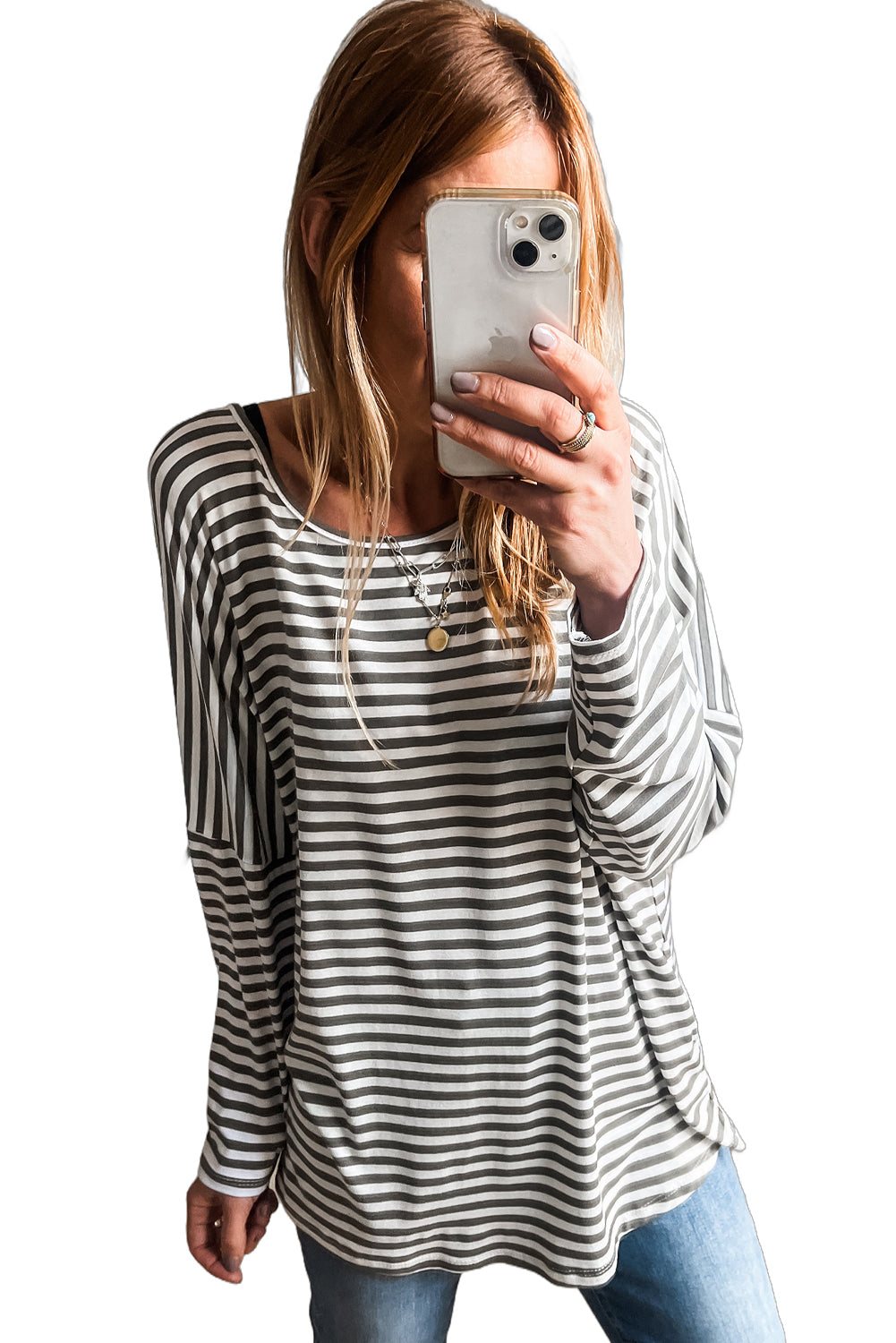 Gray Stripe Drop Sleeve Round Neck Oversized Top