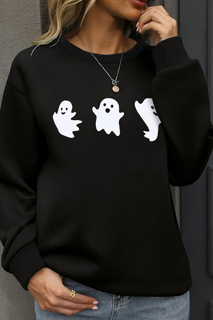 Black Halloween Ghost Print Round Neck Sweatshirt