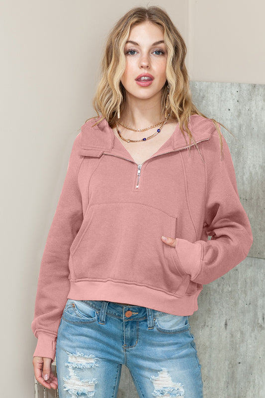 Pink Thumbhole Raglan Sleeve Half Zip Pullover Hoodie