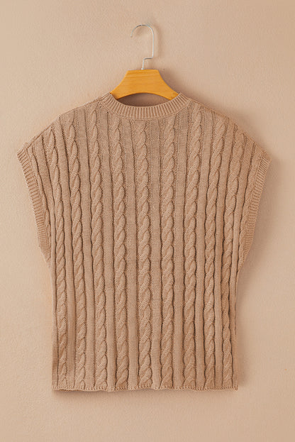 Gray Solid Cable Knit Short Sleeve Roun Neck Sweater