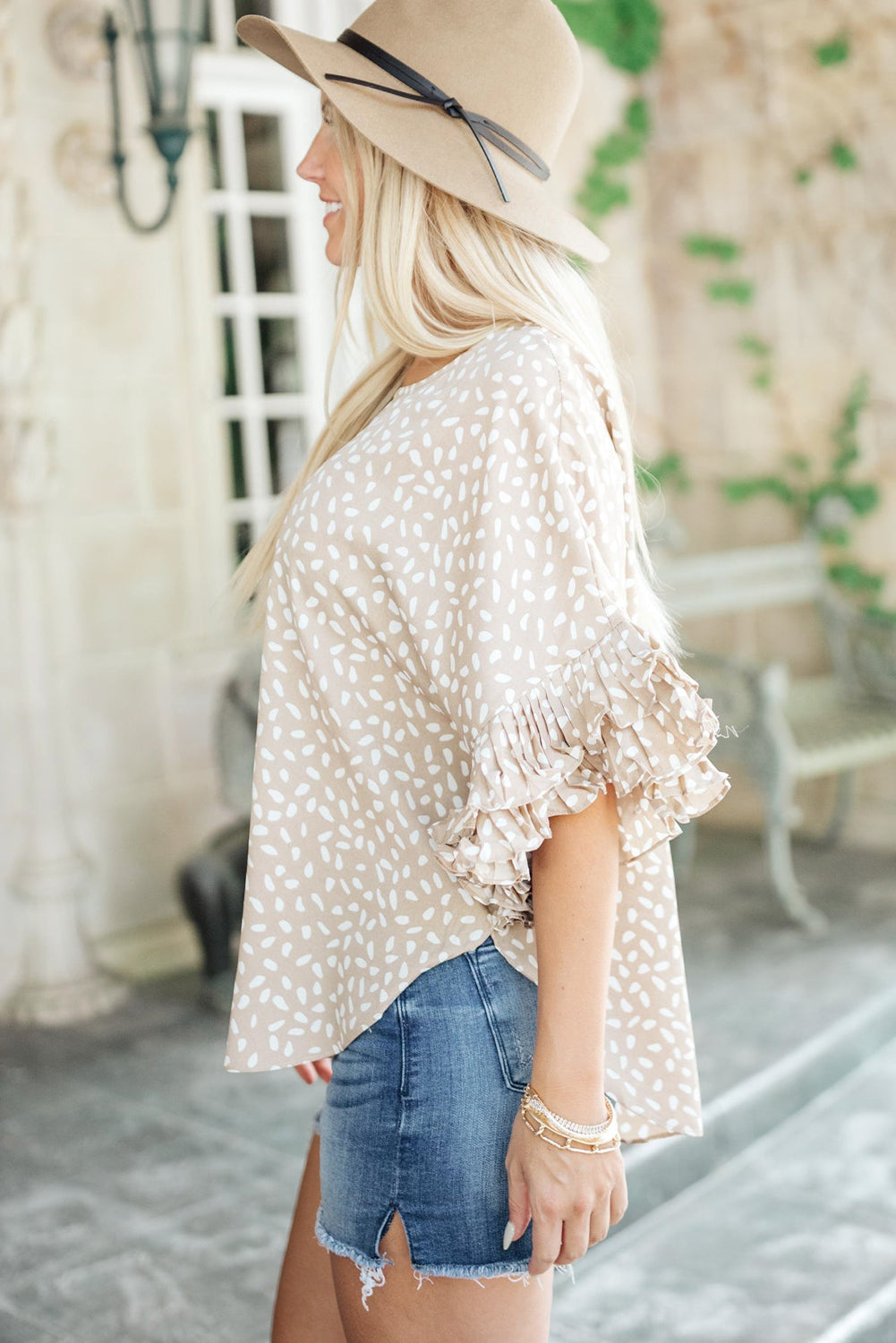 Khaki Spotted Print Loose Fit Ruffle Sleeve Blouse