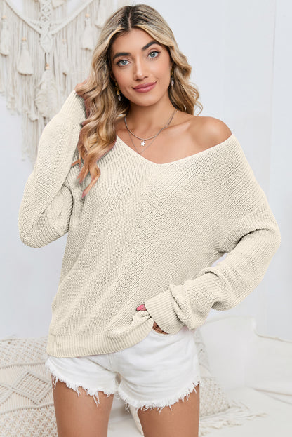 Beige Basic Ribbed Knit V Neck Sweater