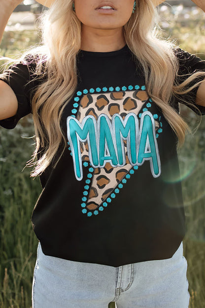 Black Casual MAMA Leopard Lightening Graphic Tee