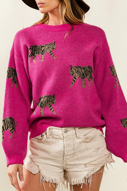 Rose Red Leopard Pattern Drop Shoulder Knit Sweater