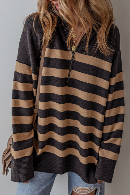 Black Striped Collared Quarter Zip Oversized Sweater