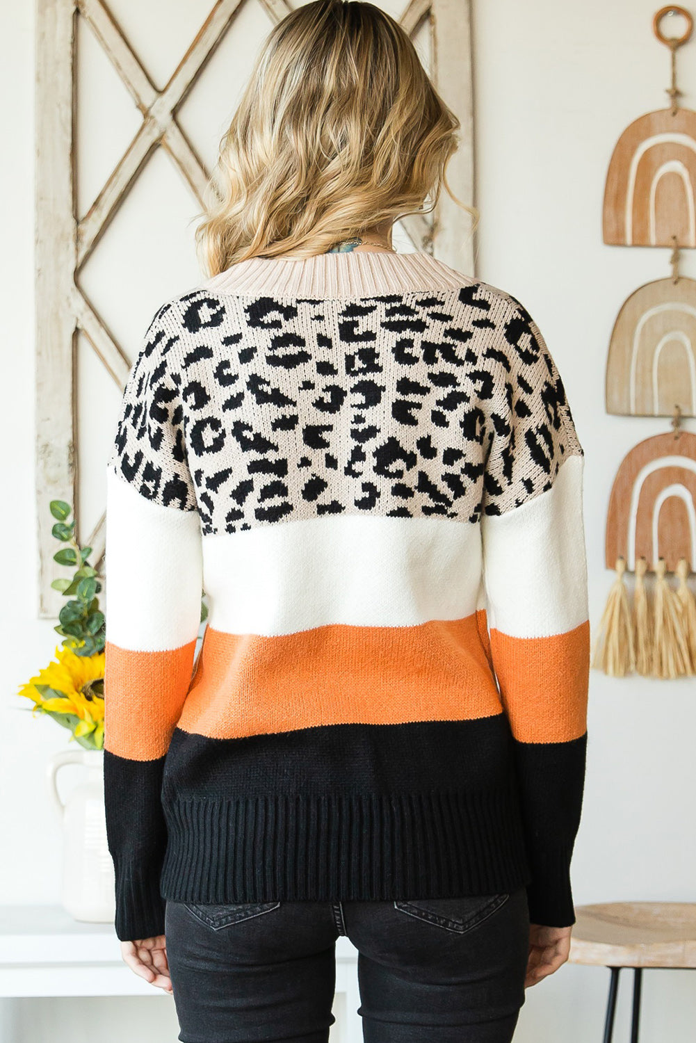 Khaki Leopard Color Block Casual V Neck Sweater