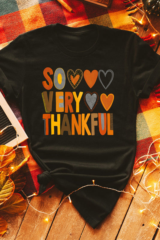 Black So Very Thankful Heart Printed Crewneck Thanksgiving T Shirt