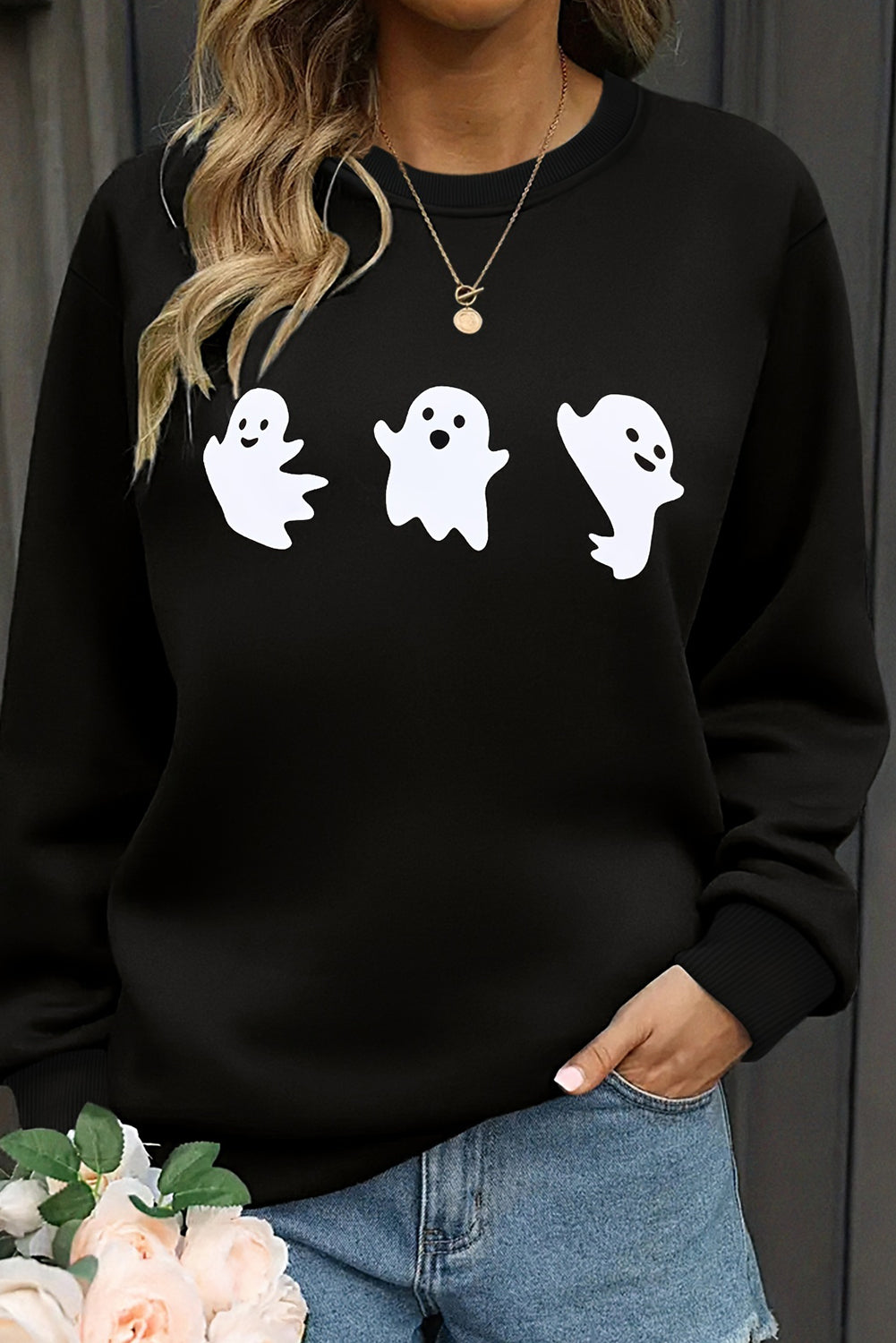 Black Halloween Ghost Print Round Neck Sweatshirt