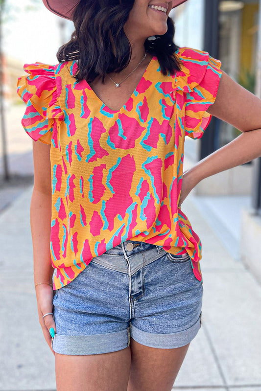 V-Neck Ruffle Sleeve Colorblock Blouse