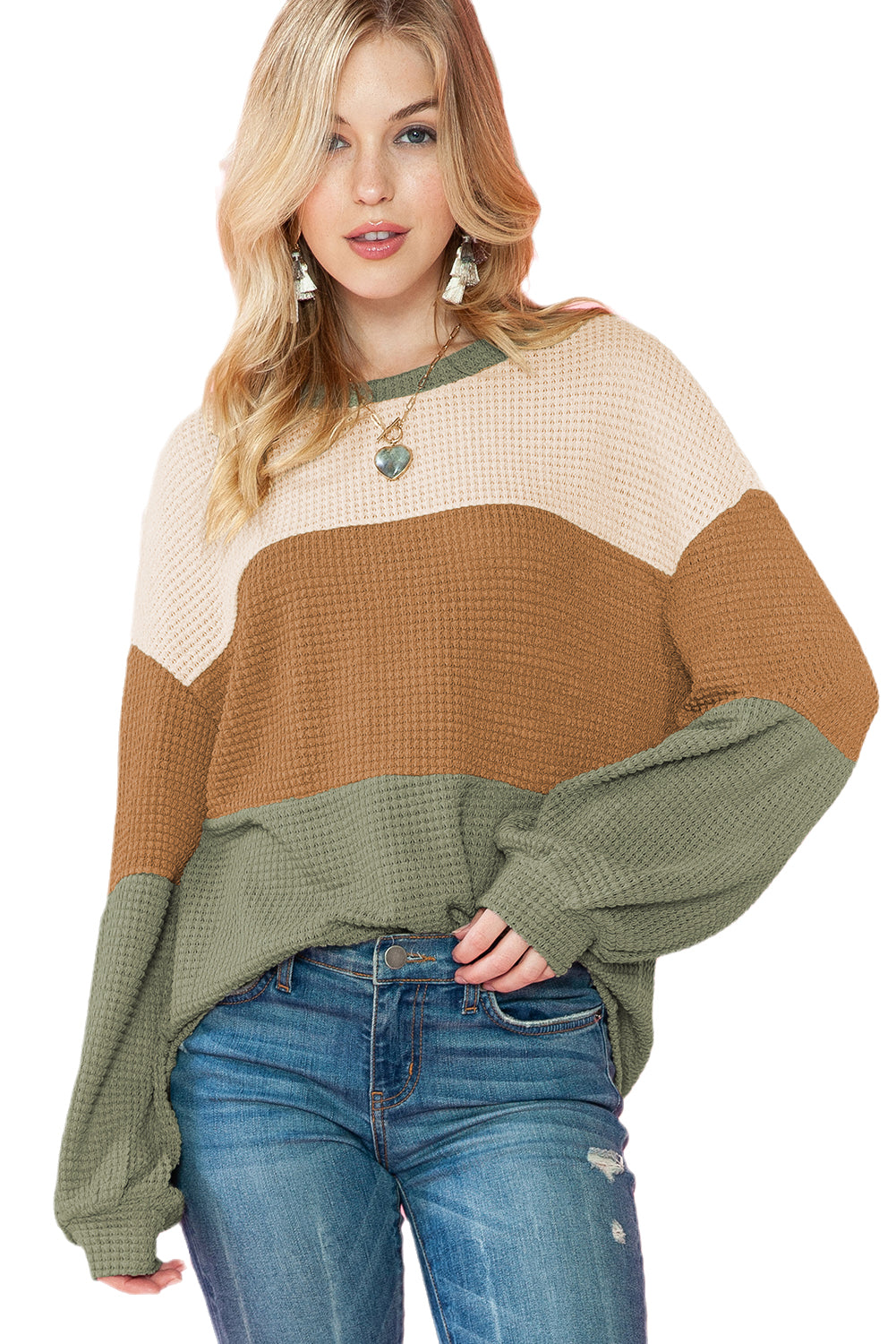 Green Knitted Color Block Drop Sleeve Baggy Top